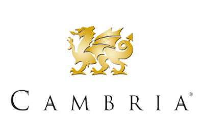 Gold dragon logo above the word “CAMBRIA” in elegant, uppercase black lettering.