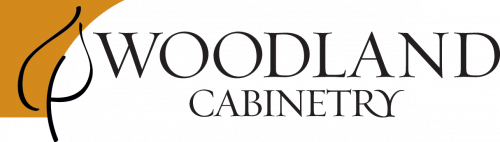 Woodland Cabinetry logo with stylized wood grain graphic and black text on an orange and white background.