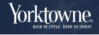 Yorktowne logo with the tagline: "Rich in style. Deep in spirit." on a dark blue background.