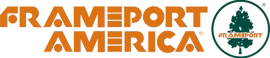 Frameport America logo in orange text with a green tree emblem on the right.