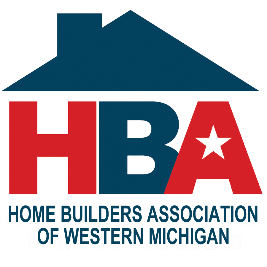 Logo with a blue house roof above bold red "HBA," and "Home Builders Association of Greater Kalamazoo" below.