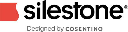 Silestone logo with a red icon, black text, and "Designed by Cosentino" written below in gray.